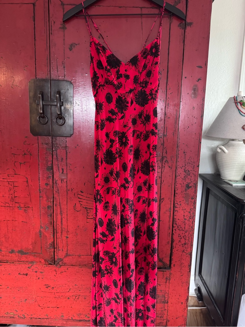 Red Floral Slip Dress with Black Print